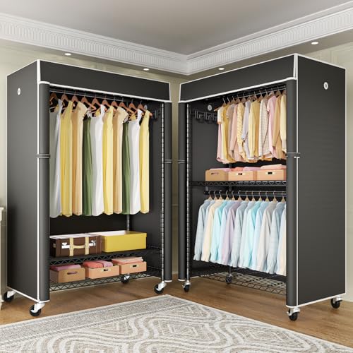 Black Clothing Rack with Black Cover, P1C Plus Rolling Closet | Metal Garment Rack with Wheels for Hanging Clothes, Portable Clothing Storage Wardrobe - color: Black Rack with Black Cover