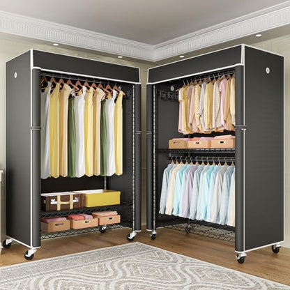Black Clothing Rack with Black Cover, P1C Plus Rolling Closet | Metal Garment Rack with Wheels for Hanging Clothes, Portable Clothing Storage Wardrobe - color: Black Rack with Black Cover