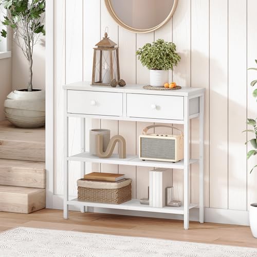 HOOBRO 29.5" Narrow Console Table with 2 Fabric Drawers, Sofa Table, Small Entryway Table with 3-Tier Storage Shelves, Behind Couch Table, for Living Room, Hallway, White WW72XG01G1 - color: White