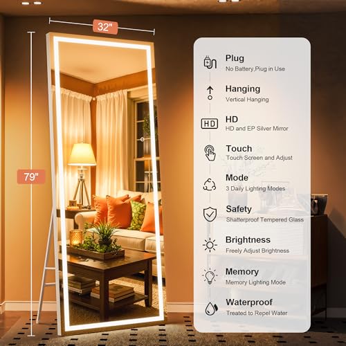 79" x 32" Full Length Mirror with Lights, Large LED Lighted Floor Standing Body Mirror, Dimmable & 3 Color Lighting for Bedroom, Cloakroom, Dressing Room, Tempered Glass, White Frame - color: White, size: 79"L x 32"W