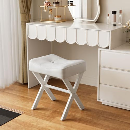18-Inch Leather Vanity Stool Chair, White Makeup Stool | Vanity Bench, Metal X-Leg, Ottoman Accent Stool, Thick Padded Saddle Seat, 300 LBS, 16.3"x12.4"x18", For Living Room, Bedroom - size: Small, style: White Leather