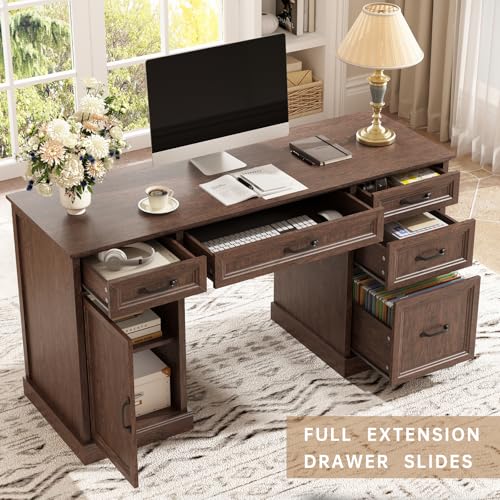 CARPETNAL 58'' Farmhouse Executive Desk with Drawers, Home Office Desk with File Drawer and Storage Cabinet, Rustic Computer Desk for Working, Studying, Writing, Brown - color: Brown
