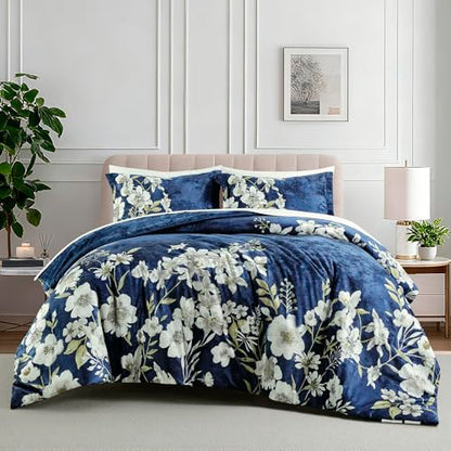 Sunshine Nicole Reversible Comforter Set, Printed Distressed Velvet Front and Sold Distressed Velvet Reverse, 3 Pieces Navy Blue King, with Soft Polyester Fill - color: Navy, size: King