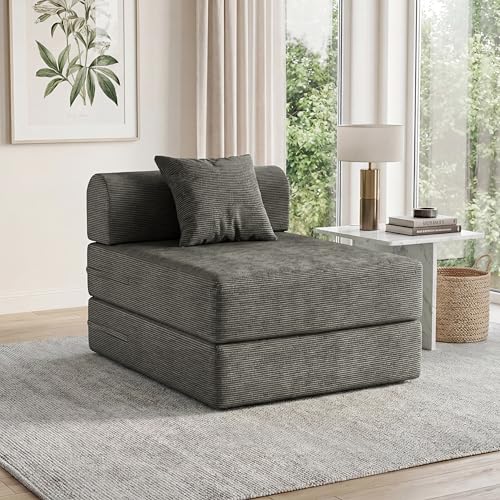 31.5'' Convertible Compressed Corduroy Folding Cloud Sofa Bed, Modern Boneless Pull Out Sleeper Sofa Couch in a Box, 3 in 1 Portable Lazy Floor Lounge Chair, for Small Space, Grey, Pillow, Single - color: Grey, size: 31.5''