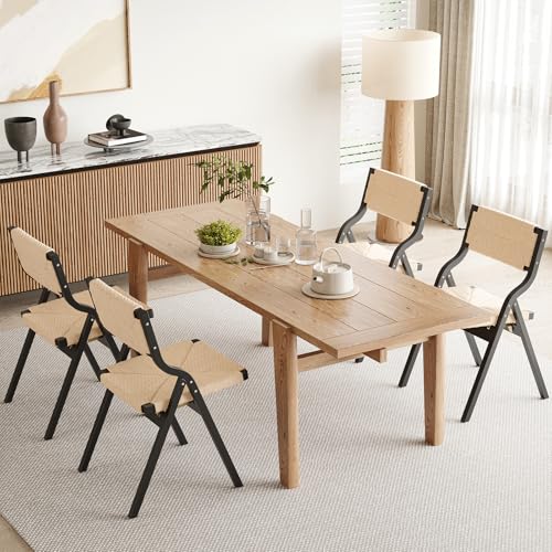 Wood Folding Chairs, Foldable Chairs Wooden Indoor Stackable Dining Chairs for Kitchen & Dining Room Chair Woven Seat & Webbing Back, Dining Chair Set of 2 - color: Black/Natural, Woven Rope