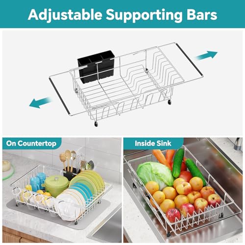 Simple Trending Adjustable Dish Drying Rack in Sink with Utensil Holder | Expandable Dish Rack, Dish Drainer Over Sink for Small Kitchen, Space Saving, Fast Drain, Non-Slip Feet, Fit Most Sink - size: Iron