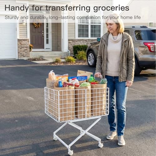 Rolling Laundry Basket with Wheels, 27" Elevated 80L Cart White | Durable metal cart with 360° swivel wheels glides smoothly, while the 27" elevated design reduces bending