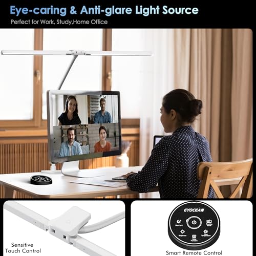 EYOCEAN Desk Lamp with Metal Base, 31.5" LED Office Lamp for Home Office, 24W Double Head Desk Light, Dimmable & Color Temperature, Table Lamp with Remote Control, Brightest Computer Monitor Light - color: Mattwhite