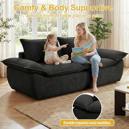56" Boneless Loveseat Sofa, 2-Seater Black Boneless Sofa with Removable Cushions & 2 Pillows, Small Couch Boneless Compress Foam Sofa for Living Room, Apartments, & Office - color: Black, size: Loveseat（56")