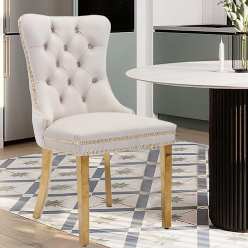 Velvet Upholstered Dining Chairs Set of 4, Modern Style Kitchen Side Chairs with Nailhead Trim and Gold Plated Leg, Metal Pulling Ring for Dining Room Living Room(Beige-Gold Plated Leg) - color: Beige-gold Plated Leg, size: Set of 4