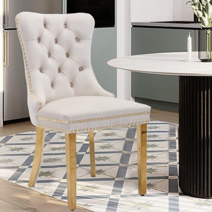 Velvet Upholstered Dining Chairs Set of 4, Modern Style Kitchen Side Chairs with Nailhead Trim and Gold Plated Leg, Metal Pulling Ring for Dining Room Living Room(Beige-Gold Plated Leg) - color: Beige-gold Plated Leg, size: Set of 4