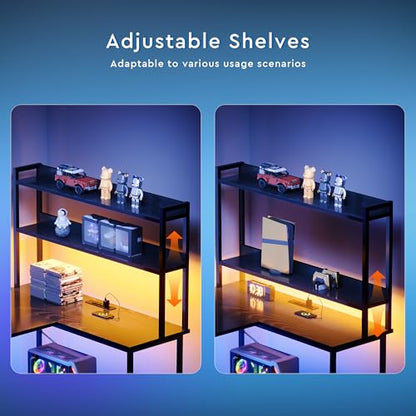 L Shaped Gaming Desk, Reversible with LED Lights, Shelves, Charging, Black | Reversible, LED lights, Charging, Monitor stand - color: Black