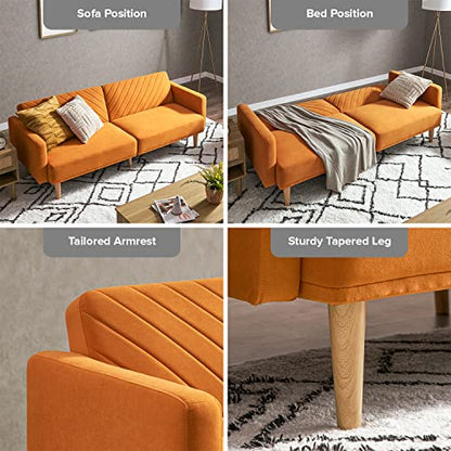 mopio 76.4" Futon Sofa Bed Chevron Styled, Sleeper Couch (Apricot Velvet) | Reclines flat in one motion for overnight visitors; retro tapered legs and a slim build save space. - color: Apricot Velvet
