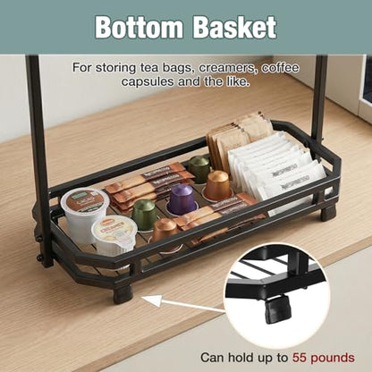 Coffee Mug Holder for Countertop, 14 Hooks Metal Coffee Cup Holder Rack | Mug Tree Stand with Storage Base for K Cup Coffee Pod Paper Cups Tea Bag, 2 Tier, Black - color: 2-Tier