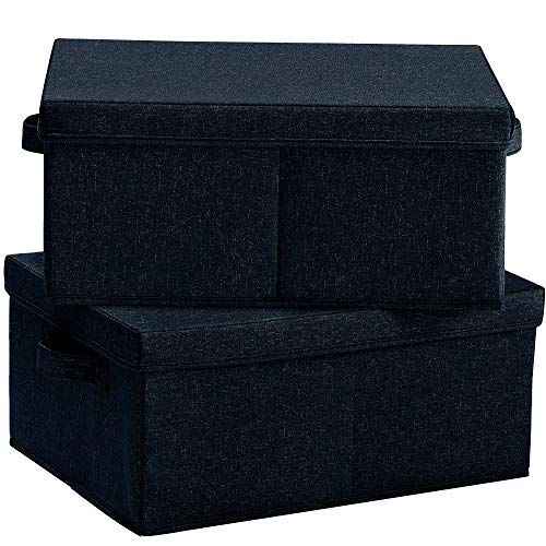 HOONEX Linen Foldable Storage Bins with Lids, 2 Pack, Storage Boxes with Carrying Handles and Sturdy Heavy Cardboard, 16.5" L x 11.8" W x 7.5" H for Shoes, Books, Clothes, Nursery, Dark Grey - color: Dark Grey
