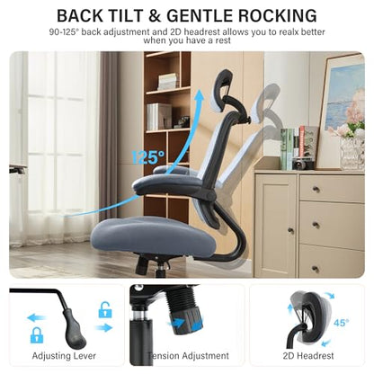 500lbs Big and Tall Office Chair - Heavy Duty Mesh Ergonomic Desk Chair with Headrest, High Back Computer Chair - Flip-up Armrests, Wide Thick Seat Cushion, Quiet Wheels, Grey - color: Grey With Headrest