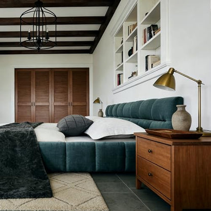 Chenille Fabric Upholstered Platform Bed Frame with Soft Headboard, Modern Low Profile Grounded Design, No Box Spring Needed, Sturdy MDF & Wood Frame, Neutral Style (Blue green, Queen (U.S. Standard)) - color: Blue Green, size: Queen (U.S. Standard)