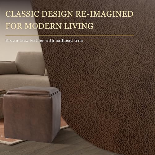 HomePop 17.5" Storage Ottoman with Tray Top - Brown Faux Leather - color: Brown Faux Leather