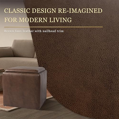 HomePop 17.5" Storage Ottoman with Tray Top - Brown Faux Leather - color: Brown Faux Leather