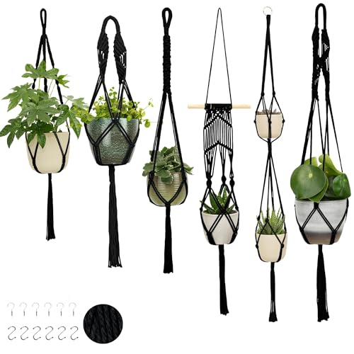 6-Pack Macrame Plant Hangers with 12 Hooks - Hanging Planters for Indoor Plants, Boho Macrame Hangers Indoor Outdoor, Decorative Plant Hanger Indoor (Black) - color: 6-pack Black