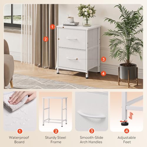 WLIVE White Night Stand, Small Dresser with 2 Drawers & Wooden Top, White | Nightstand with Fabric Bins, Bedside Table End Table for Bedroom, 15-Min Quick-Assembly - color: White, size: 11.8"D x 15.7"W x 20.9"H