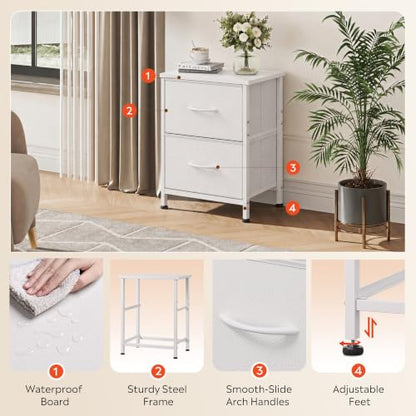 WLIVE White Night Stand, Small Dresser with 2 Drawers & Wooden Top, White | Nightstand with Fabric Bins, Bedside Table End Table for Bedroom, 15-Min Quick-Assembly - color: White, size: 11.8"D x 15.7"W x 20.9"H