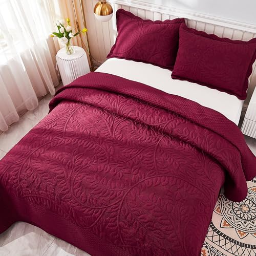 MarCielo 100% Cotton Quilt Set - 3-Piece Embroidered Farmhouse Bedspread & Shams, All-Season Breathable Bedding(Wine Burgundy,Queen (98" x 90")) - color: Wine Burgundy, size: Queen (98" x 90")