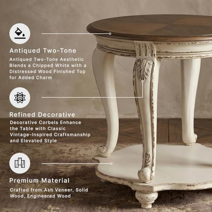 Signature Design by Ashley Realyn Round End Table, French Country, White | Ash veneer & engineered wood, Cast resin corbels, Fixed lower shelf, French country side table, White end table