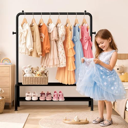mirolam Kids Clothing Rack - Small Garment Rack - Small Kids Costume Wardrobe Rack with 2 Fabric Floors Storage Shelf - Mini Short Baby Toddler Clothes Rack - color: Black