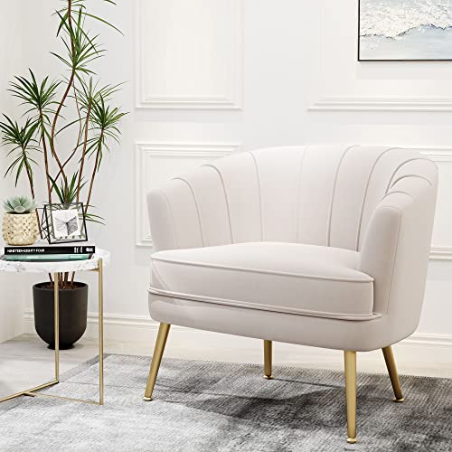 Velvet Accent Chair, Barrel Armchair, Beige | Velvet Upholstery, Golden Metal Legs, Comfy Barrel Back, Modern Style, Living Room Bedroom Office - color: Beige, size: 1 Chair