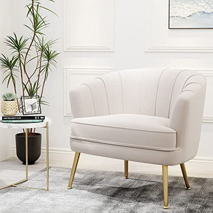 Velvet Accent Chair, Barrel Armchair, Beige | Velvet Upholstery, Golden Metal Legs, Comfy Barrel Back, Modern Style, Living Room Bedroom Office - color: Beige, size: 1 Chair