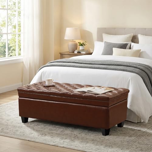 50" Faux Leather Storage Ottoman Bench, Rectangular End of Storage Bench, Upholstered Large Tufted Ottoman with Storage for Living Room, Bedroom, Entryway,Light Brown - color: Leather Light Brown