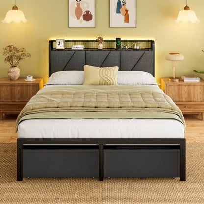 Queen Bed Frame with 2 Storage Drawers & Upholstered Headboard | Metal Platform Bed with Storage Shelf, Charging Station, LED Lights and Heavy-Duty slats, No Spring Box Needed, Noise-Free - size: Queen, style: Bed Frame with Drawer