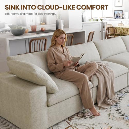 79" Cloud Modular Sofa, Convertible Modular Loveseat Couch, Cotton Linen Fabric Sofa for Living Room, Apartment and Bedroom, Removable Covers, 2 Pillows, Khaki - color: Khaki, size: 2-Seater
