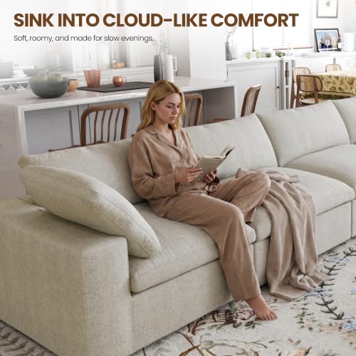 118" Cloud Modular Sofa, Convertible Modular 3 Seater Couch, Cotton Linen Fabric Sofa for Living Room, Apartment and Bedroom, Removable Covers, 2 Pillows, Khaki - color: Khaki, size: 3-Seater