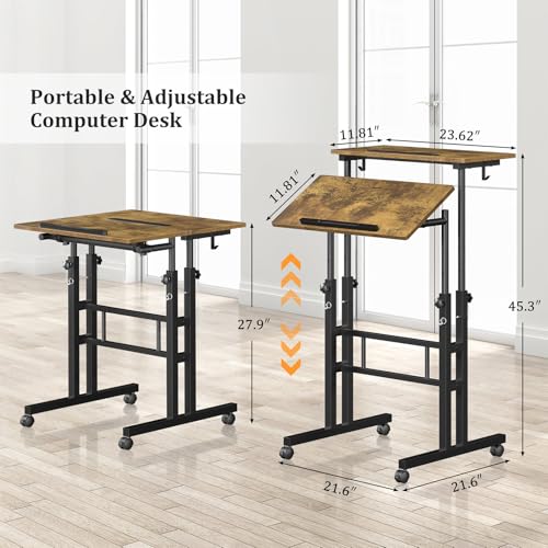 Enayplon Small Standing Desk with Wheels, Mobile Stand Up Desk, Portable Standing Table on Wheels for Walking Pad, Rolling Computer Desk Adjustable Height, Tall Table - color: Brown