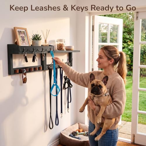 Wooden Key Holder Wall Mount with Shelf, Wall Key Rack and Mail Holder with 9 Key Hooks and 6 Sunglasses Holders, Farmhouse Key Hanger for Entryway Living Room Bedroom, Black - color: Black