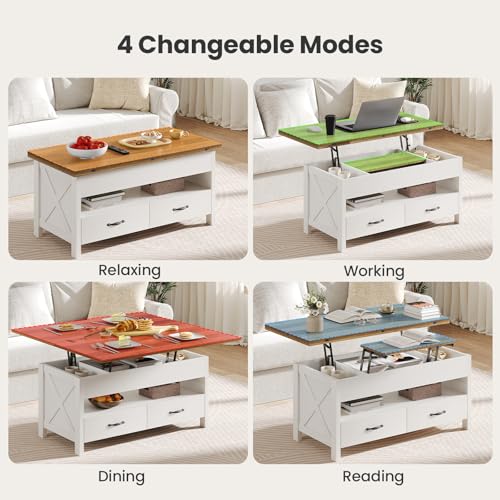 Amada Lift Top Coffee Table, 4 in 1 Convertible Coffee Table with Drawers and Hidden Compartment, Expandable Center Table Converts to Dining Table for Living Room, Farmhouse Oak & White - color: Oak & White