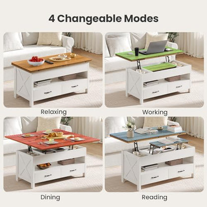 Amada Lift Top Coffee Table, 4 in 1 Convertible Coffee Table with Drawers and Hidden Compartment, Expandable Center Table Converts to Dining Table for Living Room, Farmhouse Oak & White - color: Oak & White