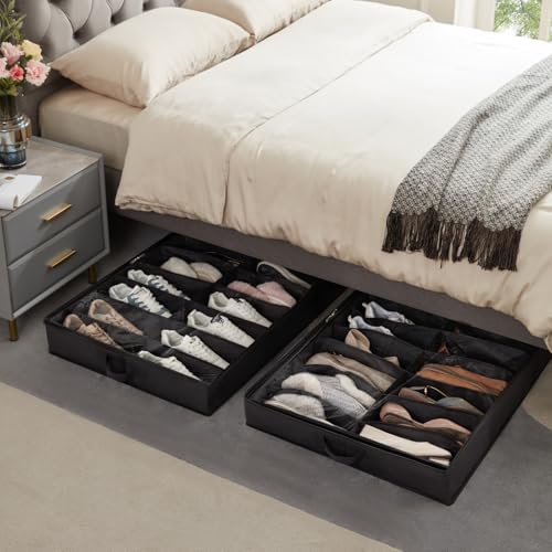 Lifewit Under Bed Shoe Storage Organizer 2 Pack(16 Shoes Cells), 4.3 Inches Profile Fabric Shoes Container Box with Clear Cover, Foldable Storage Bag with 2 Handles, Fits 16 to 32 Pairs - style: 16 Shoes Cells