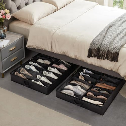 Lifewit Under Bed Shoe Storage Organizer 2 Pack(16 Shoes Cells), 4.3 Inches Profile Fabric Shoes Container Box with Clear Cover, Foldable Storage Bag with 2 Handles, Fits 16 to 32 Pairs - style: 16 Shoes Cells