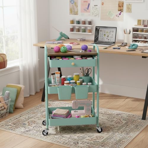 3 Tier Rolling Cart, All-in-One Art Cart Organizer on Wheels for Kitchen, Bathroom, Office, Laundry - color: Green