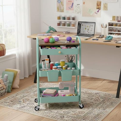 3 Tier Rolling Cart, All-in-One Art Cart Organizer on Wheels for Kitchen, Bathroom, Office, Laundry - color: Green