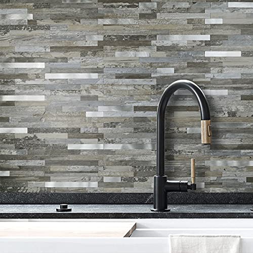 DICOFUN 10-Sheet Peel and Stick Backsplash Wall Tile, PVC Kitchen Backsplash Peel and Stick in Distressed Wood, 9.4 sq.ft - color: Distressed Wood and Metal Silver, size: 10 Sheets, 12’’x12’’x0.12’’