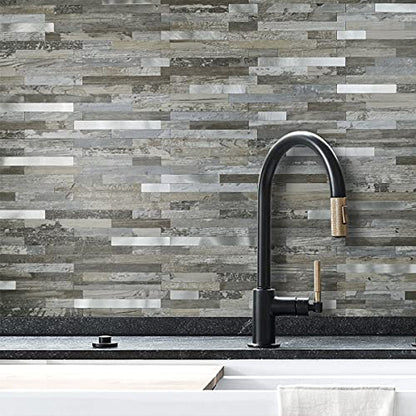 DICOFUN 10-Sheet Peel and Stick Backsplash Wall Tile, PVC Kitchen Backsplash Peel and Stick in Distressed Wood, 9.4 sq.ft - color: Distressed Wood and Metal Silver, size: 10 Sheets, 12’’x12’’x0.12’’