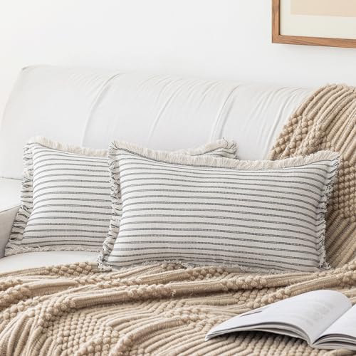 YEENAASY Throw Pillow Covers 12x20 Boho Striped Pillow Cases with Tassel | Set of 2 Fringe Pillow Cover Farmhouse Cushion Covers Neutral Pillows Decorative Lumbar Pillowcase for Couch Sofa Bed, Grey - color: Grey, size: 20" x 12" (Pack of 2)