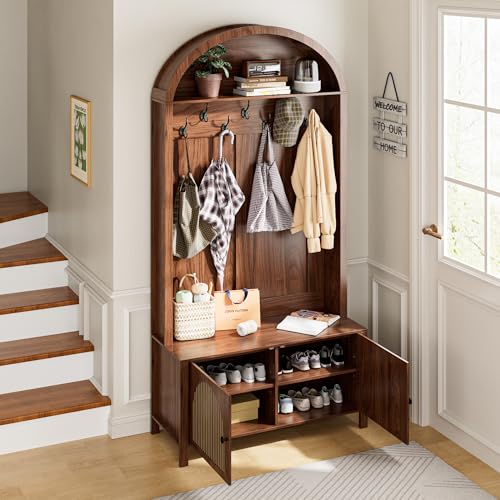 Mxtxmy Hall Tree with Bench and Shoe Storage 78.74" Coat Rack with 7 Hooks | Farmhouse Entryway Bench with Adjustable Shelf,4-in-1,Tall Hall Tree with Arch Storage Cubby Furniture Organizer for Hallway - size: 78.74"H
