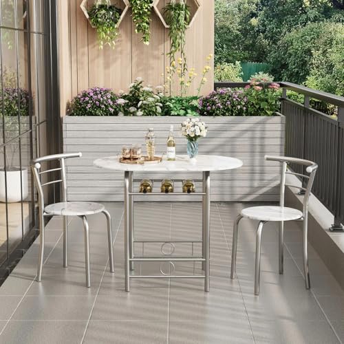 Shahoo 3-Piece Dining Table Set for 2, Kitchen Breakfast Nook Set | 2 Chairs & Round Tabletop, Space Saving Wooden Furniture Metal Frame and Built-in Wine Rack, Marble White - color: Marble White