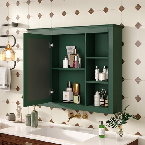 Wall Mounted Medicine Cabinet, Bathroom Storage Cabinet with Mirror Door and 6 Adjustable Open Shelf (7.3" D x 35" W x 27.5" H) (Green) - color: Green