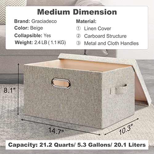 Graciadeco Medium 15" 21 Quart Collapsible Stackable Storage Bins with Lids, 1 Pack Beige Foldable Fabric Closet Storage Boxes with Lids, Heavy-duty Linen Baskets for Bedroom | 21 Quart 1 Pack Beige Collapsible Stackable Linen Fabric 4 Handles Bedroom Clo